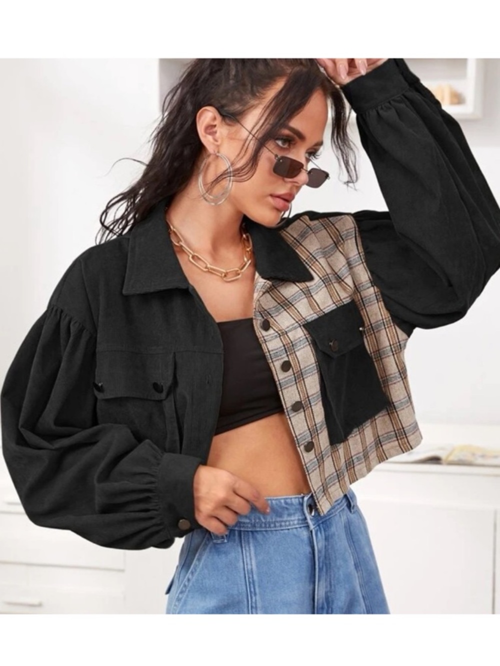 SHEIN Black Tan Plaid Utility Crop Shacket Button Down Long Sleeve Shirt